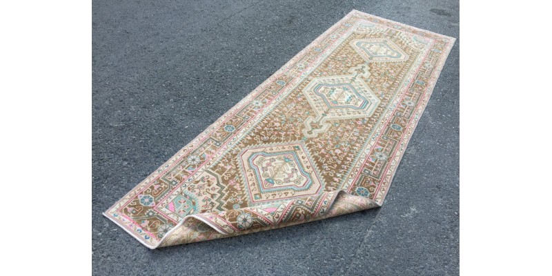Wonderfull woven runner 3.5x10 ,brown pink Runner rug , turkish oushak runner , 3'5 X 10' vintage long rug