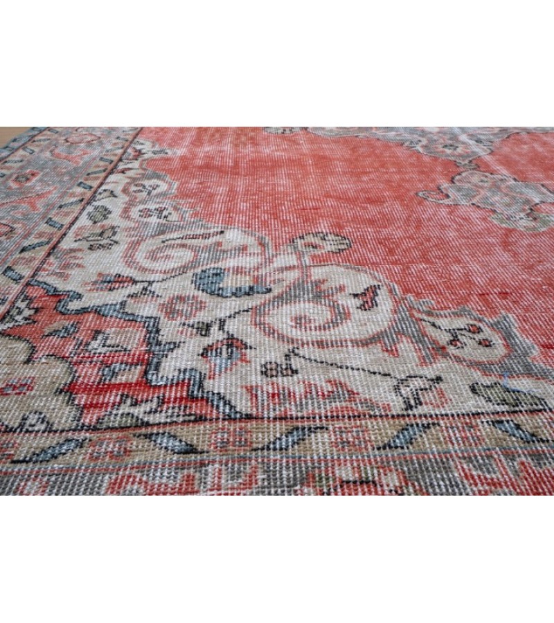 6.8 X 10.3 Ft.. 204x312 cm Antique Living Room Rug , Light Red and Beige  Color  Rug , Turkish Hand Knotted Rug ,  No Repeair Perfect Condition