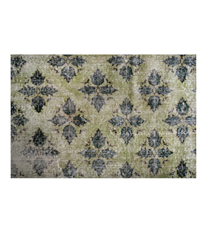 6'5x9'9'' green wool rug , 6x10 handmade rug , distressed rug , faded pastel color rug , large size bedroom rug , 194x296 cm , floral rug