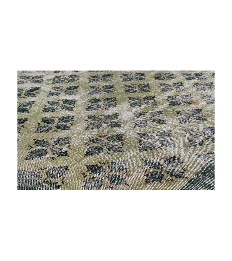 6'5x9'9'' green wool rug , 6x10 handmade rug , distressed rug , faded pastel color rug , large size bedroom rug , 194x296 cm , floral rug