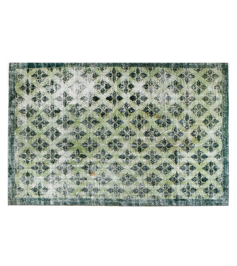 6'5x9'9'' green wool rug , 6x10 handmade rug , distressed rug , faded pastel color rug , large size bedroom rug , 194x296 cm , floral rug