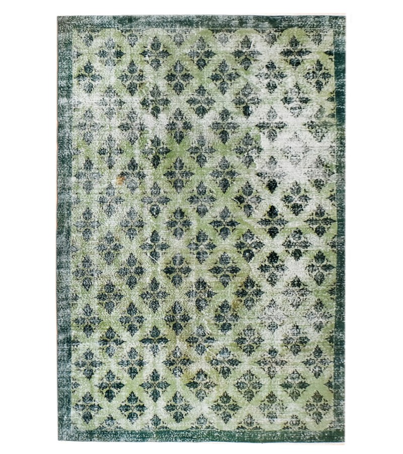 6'5x9'9'' green wool rug , 6x10 handmade rug , distressed rug , faded pastel color rug , large size bedroom rug , 194x296 cm , floral rug