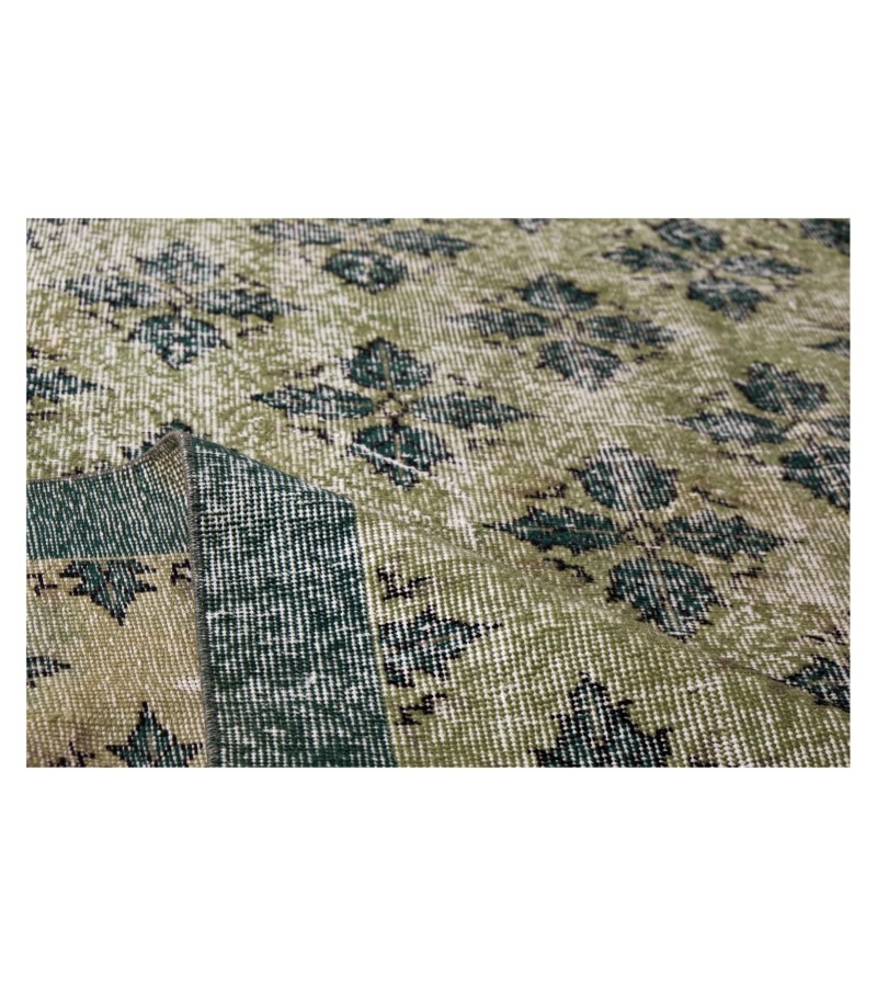 6'5x9'9'' green wool rug , 6x10 handmade rug , distressed rug , faded pastel color rug , large size bedroom rug , 194x296 cm , floral rug
