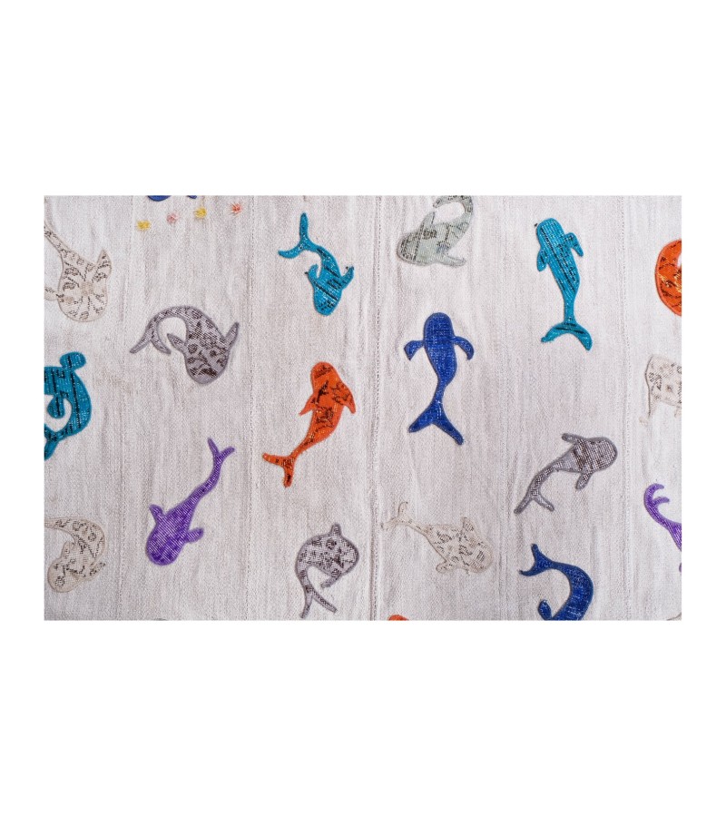 5x7 tiny sharks carpet , custom handmade work , hemp in wool rug , unique beauty , decoration work , custom made to order , 170x216 cm