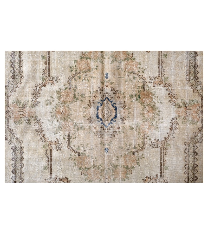 7x10 beige rug , madellion pattern rug , turkish distressed rug , handmade wool rug , 6'11x9'6 hand knotted rug , living room rug , 210x288