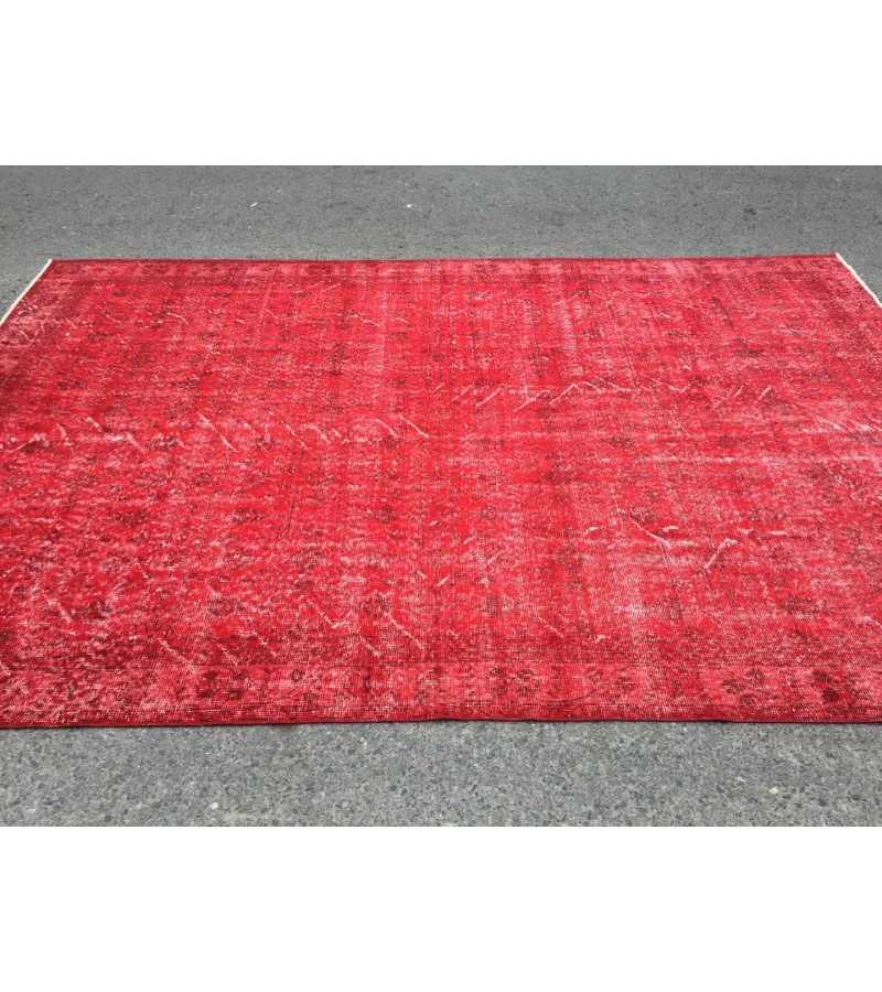 7x10 red distressed area rug, Living room rug, 6'11 X 10'4 Turkish rug