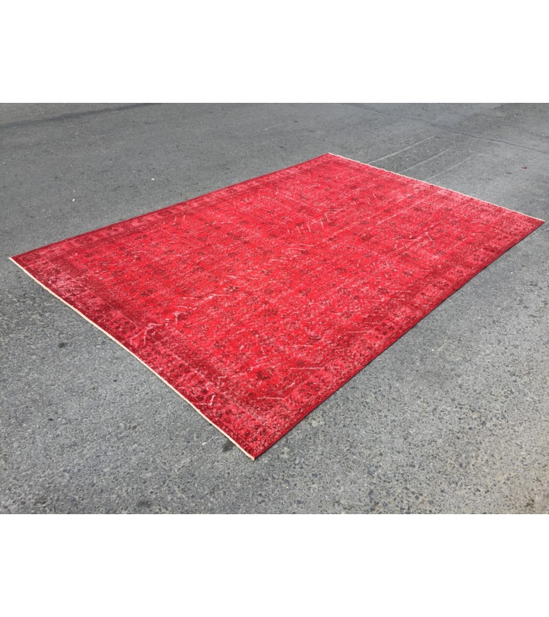7x10 red distressed area rug, Living room rug, 6'11 X 10'4 Turkish rug