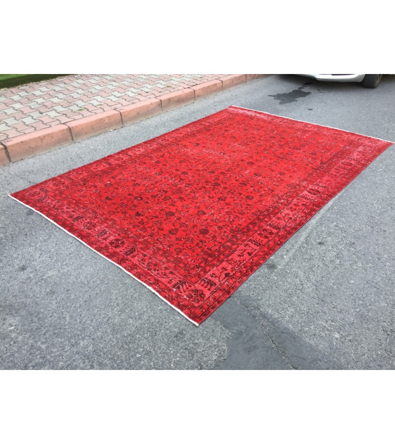 7x10 red retro rug, handmade area rug, 6'9 x 10'4 woven rug , living room rug