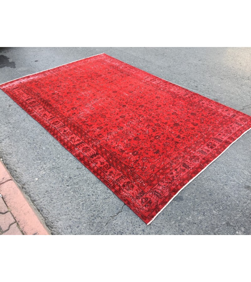 7x10 red retro rug, handmade area rug, 6'9 x 10'4 woven rug , living room rug