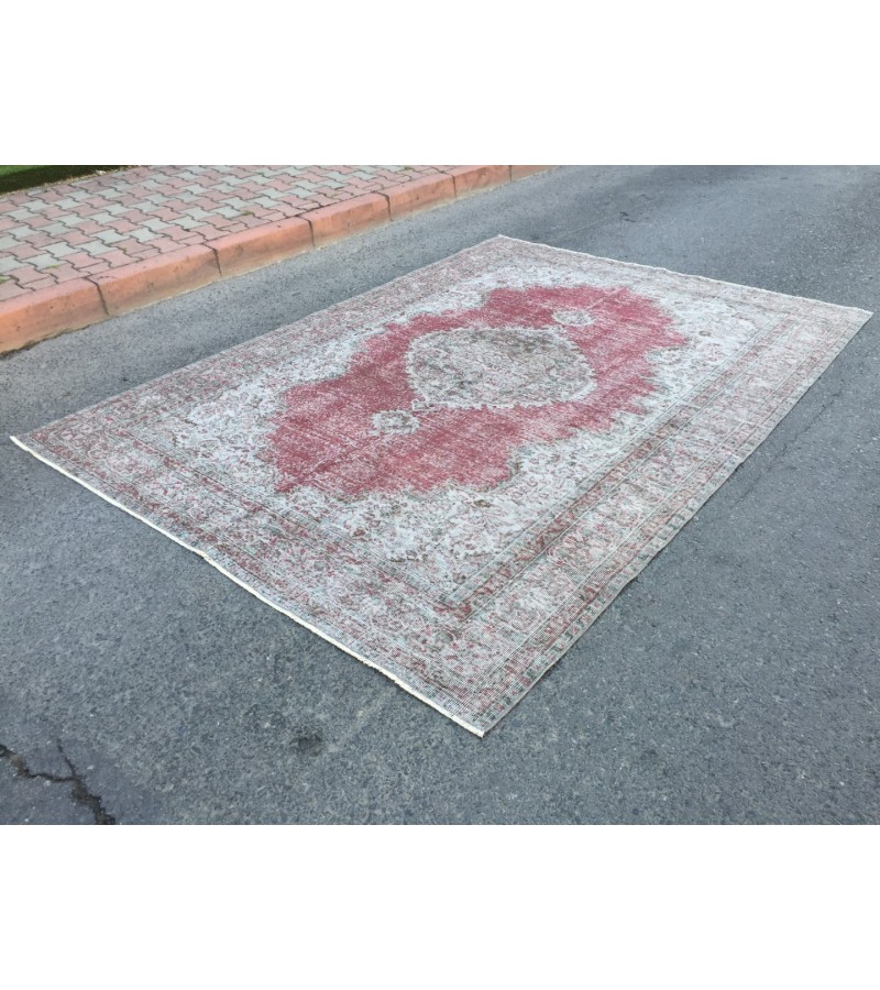 7x10 faded red gray vintage rug, , Turkish bedroom rug, 6'8 X 10' area rug