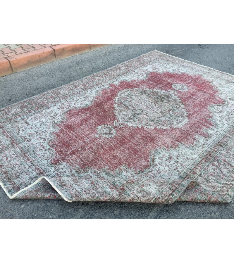 7x10 faded red gray vintage rug, , Turkish bedroom rug, 6'8 X 10' area rug