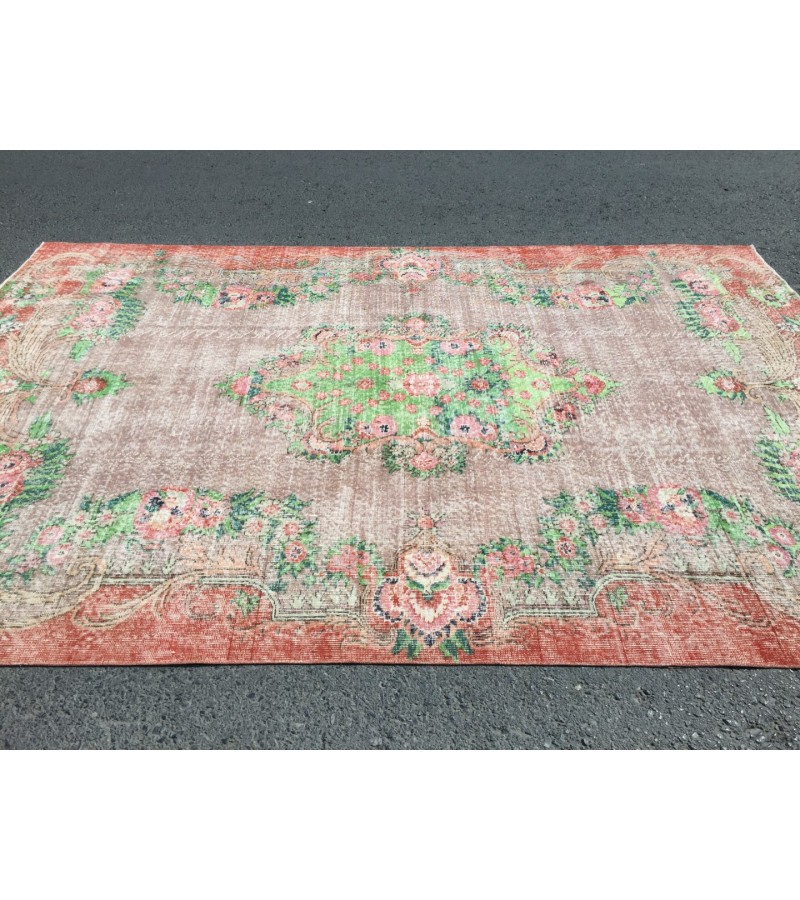 7x11 oversize retro rug, Area rug, Brown Orange Green Living room rug,7'3 X 10'9 Floral Bedroom rug