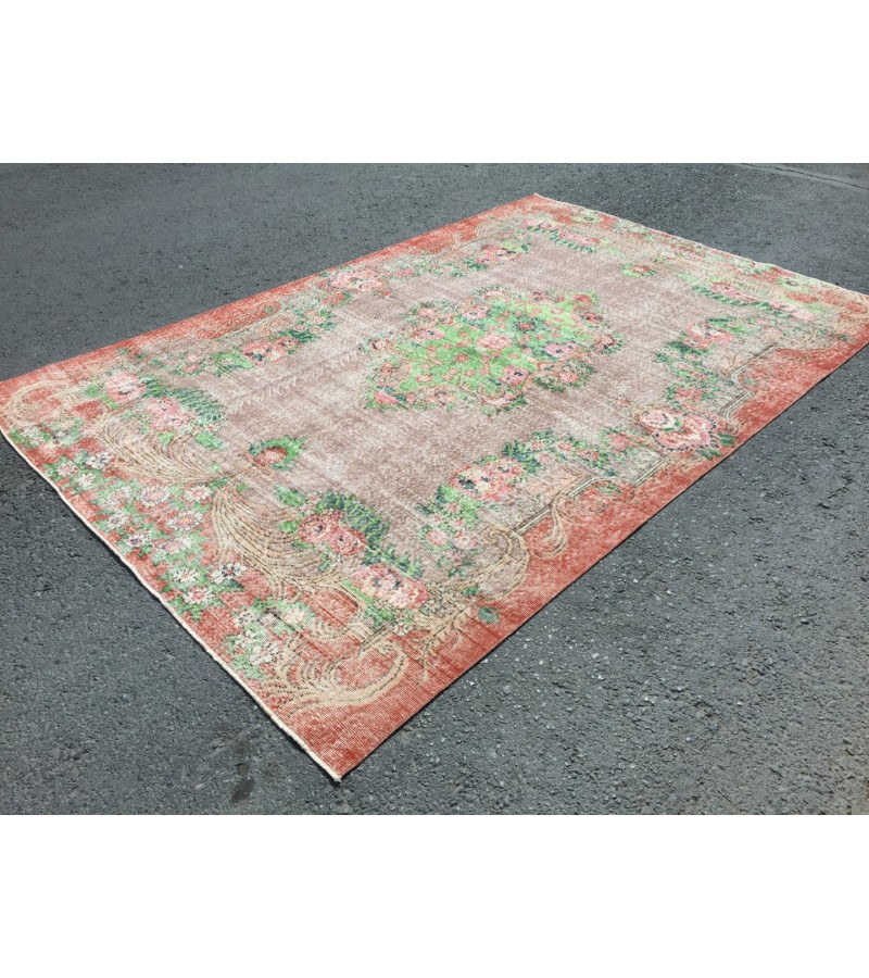 7x11 oversize retro rug, Area rug, Brown Orange Green Living room rug,7'3 X 10'9 Floral Bedroom rug