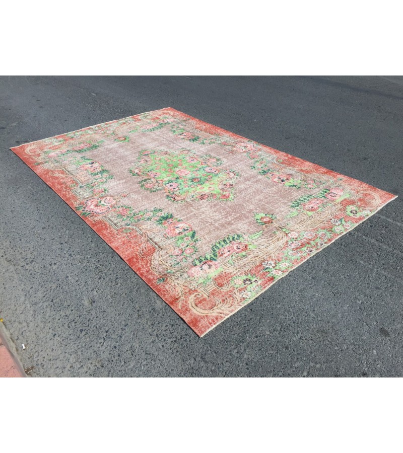 7x11 oversize retro rug, Area rug, Brown Orange Green Living room rug,7'3 X 10'9 Floral Bedroom rug