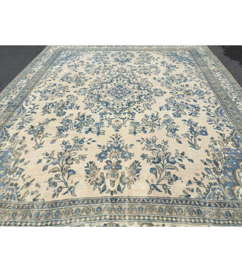 10x13 beige blue Persian rug, hand woven rug, 9'9 X 12'10 bedroom rug