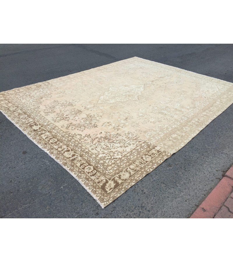 10x13 woven wool rug, beige brown rug, , Vintage Rug, 9'7 X 12'6 faded rug