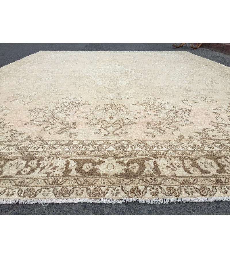 10x13 woven wool rug, beige brown rug, , Vintage Rug, 9'7 X 12'6 faded rug