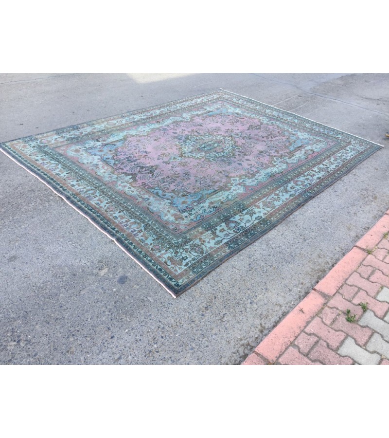 10x13 oversize handmade rug, Vintage Pink Teal Rug , 10' X 13'1 Retro rug , Nomadic rug