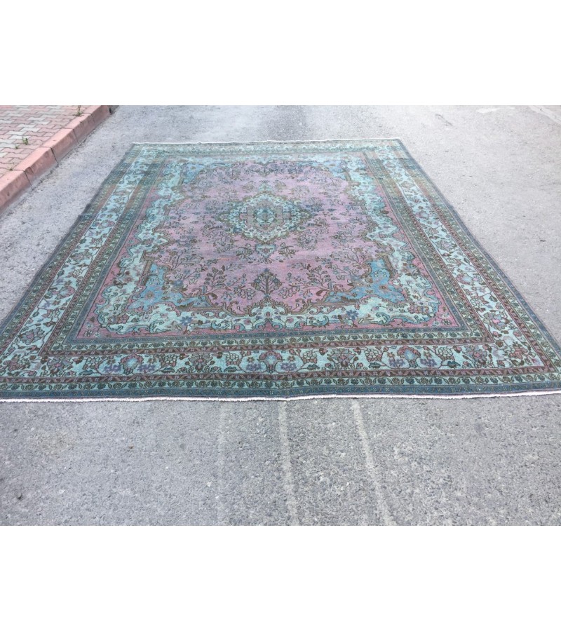 10x13 oversize handmade rug, Vintage Pink Teal Rug , 10' X 13'1 Retro rug , Nomadic rug