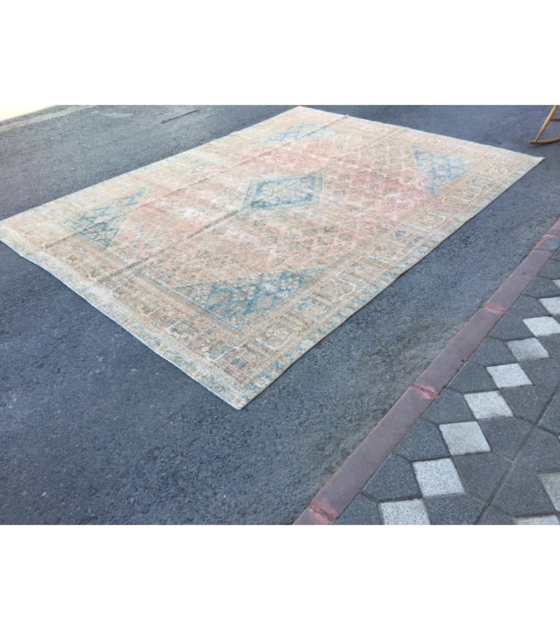 10x13 Geometric Vintage rug for living room, Area rug, pastel red rug, 9'6 X 12'6 Bedroom rug
