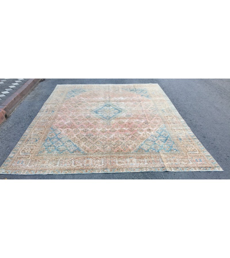 10x13 Geometric Vintage rug for living room, Area rug, pastel red rug, 9'6 X 12'6 Bedroom rug
