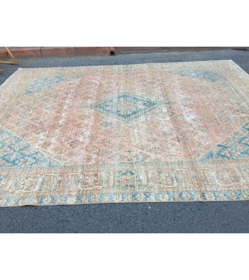 10x13 Geometric Vintage rug for living room, Area rug, pastel red rug, 9'6 X 12'6 Bedroom rug