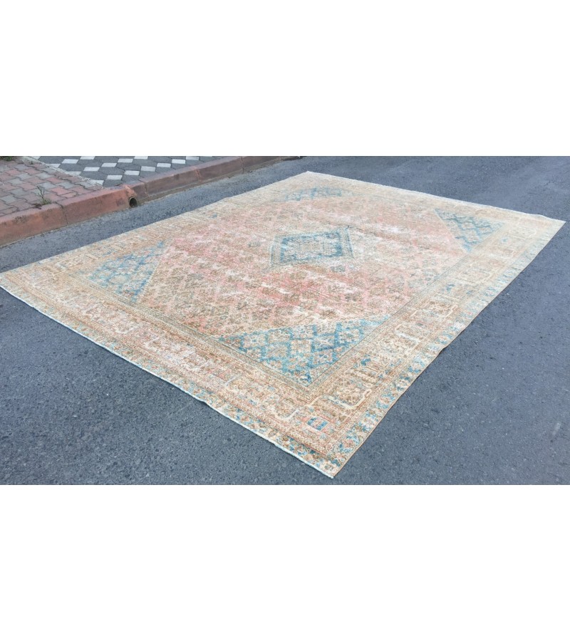 10x13 Geometric Vintage rug for living room, Area rug, pastel red rug, 9'6 X 12'6 Bedroom rug