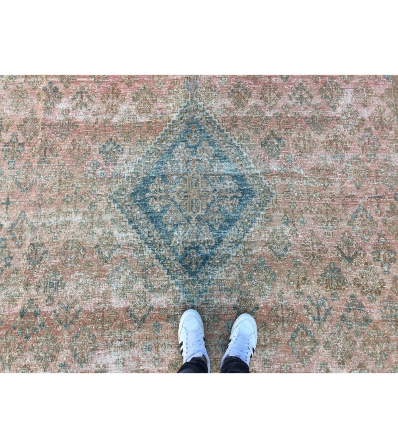 10x13 Geometric Vintage rug for living room, Area rug, pastel red rug, 9'6 X 12'6 Bedroom rug