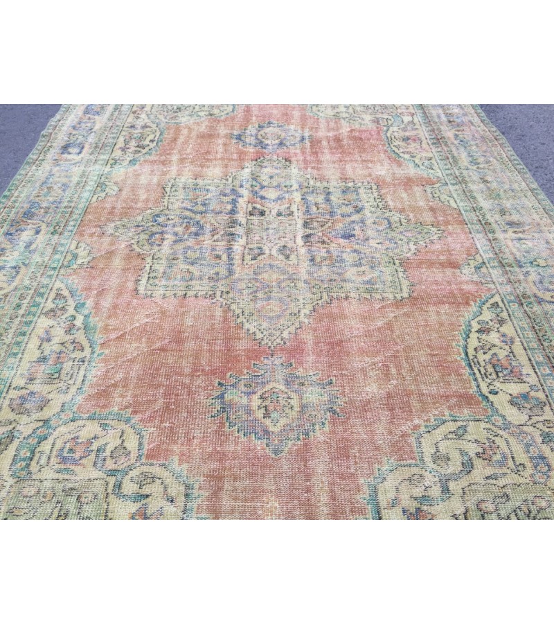 8x10 retro faded rug, oriental yellow red rug, 7'7 X 10'5 Handmade vintage rug