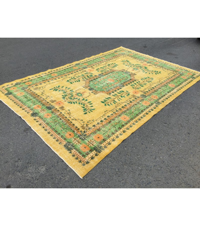 7x11 handmade yellow green rug, , Vintage rug , 7'1 X 10'10 Bedroom Rug , Turkish Rug