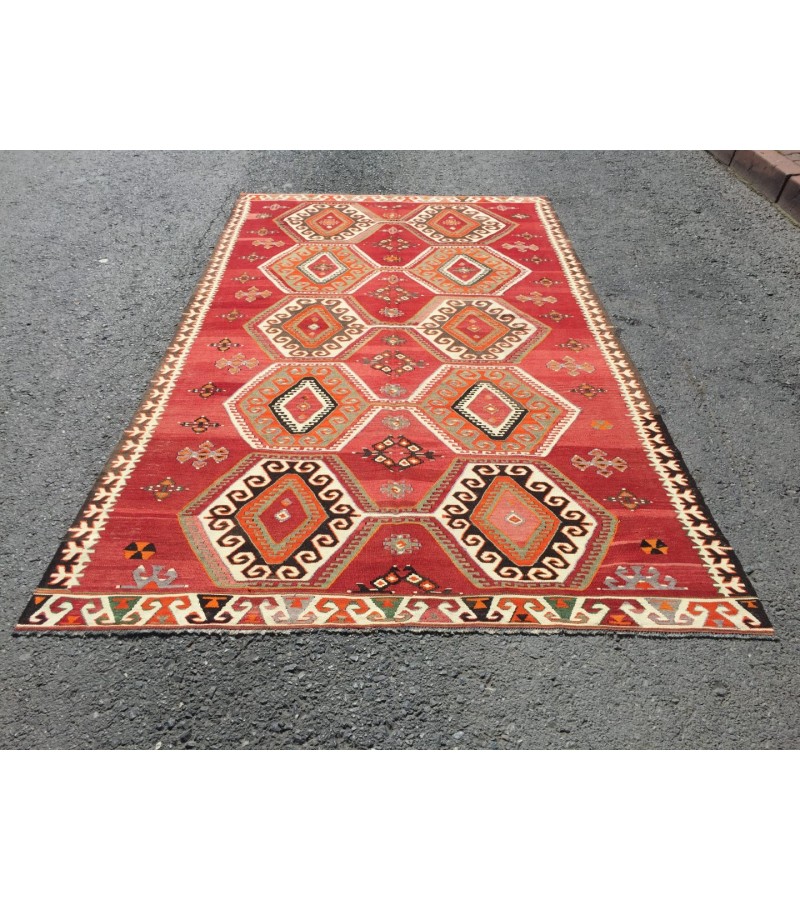 6x10 wool geometric area rug, modern boho red retro kilim, 5'7 X 9'6 Turkish home decor rug