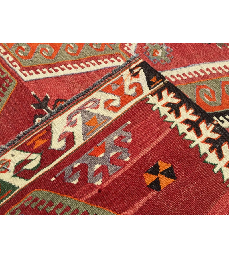 6x10 wool geometric area rug, modern boho red retro kilim, 5'7 X 9'6 Turkish home decor rug