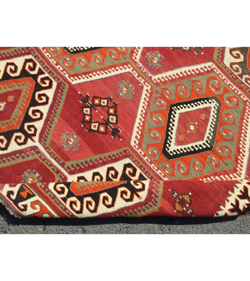6x10 wool geometric area rug, modern boho red retro kilim, 5'7 X 9'6 Turkish home decor rug