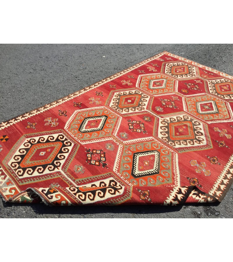 6x10 wool geometric area rug, modern boho red retro kilim, 5'7 X 9'6 Turkish home decor rug
