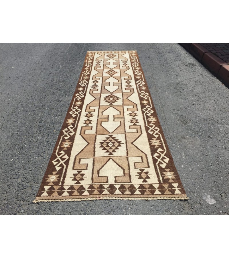 3x12 beige brown runner, Turkish runner, 3'4 x 11'7 geometric handmade runner
