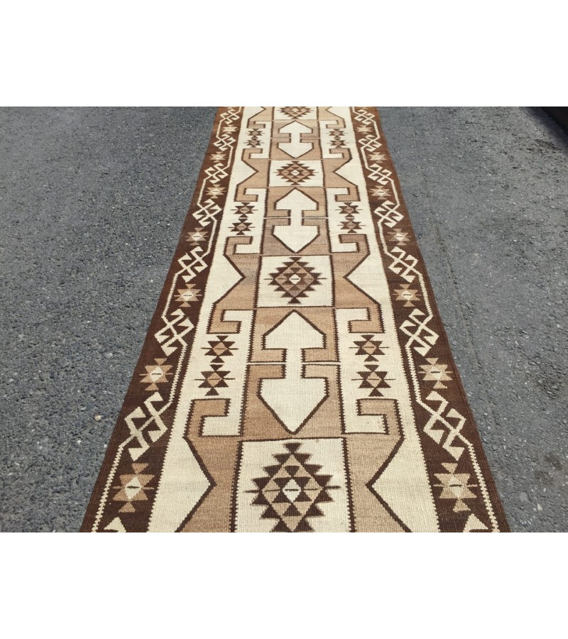 3x12 beige brown runner, Turkish runner, 3'4 x 11'7 geometric handmade runner