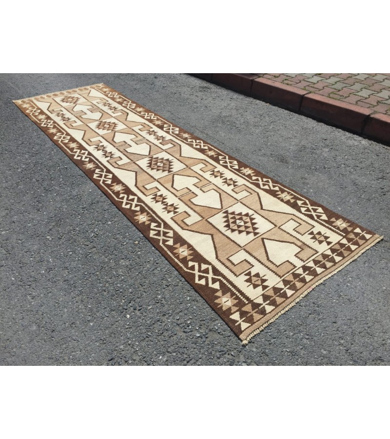 3x12 beige brown runner, Turkish runner, 3'4 x 11'7 geometric handmade runner