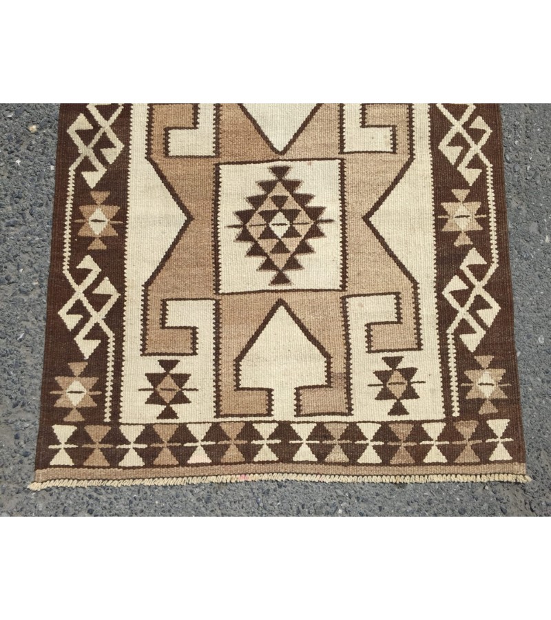 3x12 beige brown runner, Turkish runner, 3'4 x 11'7 geometric handmade runner