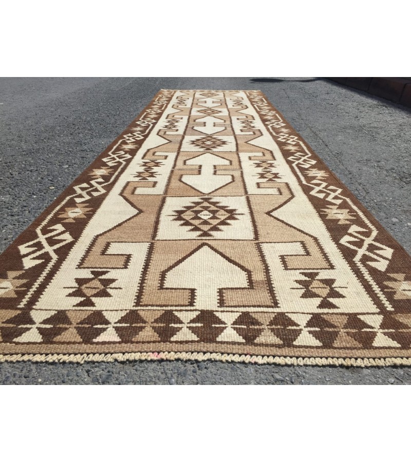 3x12 beige brown runner, Turkish runner, 3'4 x 11'7 geometric handmade runner