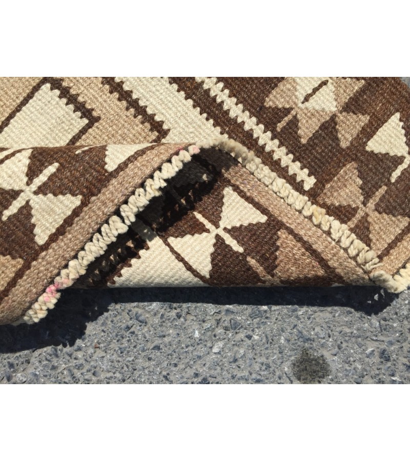 3x12 beige brown runner, Turkish runner, 3'4 x 11'7 geometric handmade runner