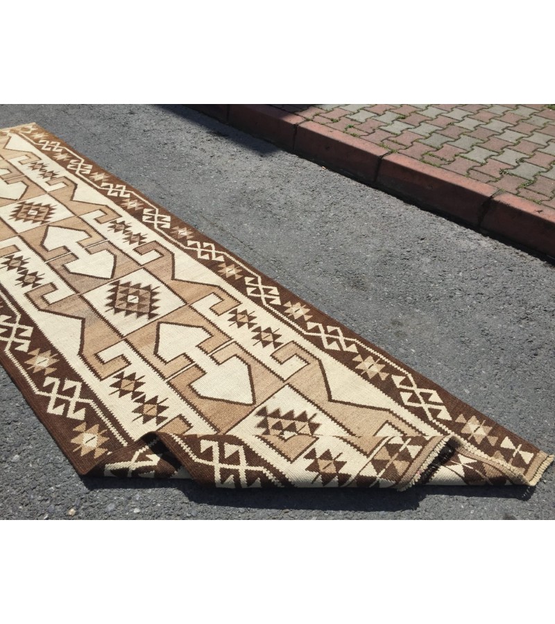 3x12 beige brown runner, Turkish runner, 3'4 x 11'7 geometric handmade runner