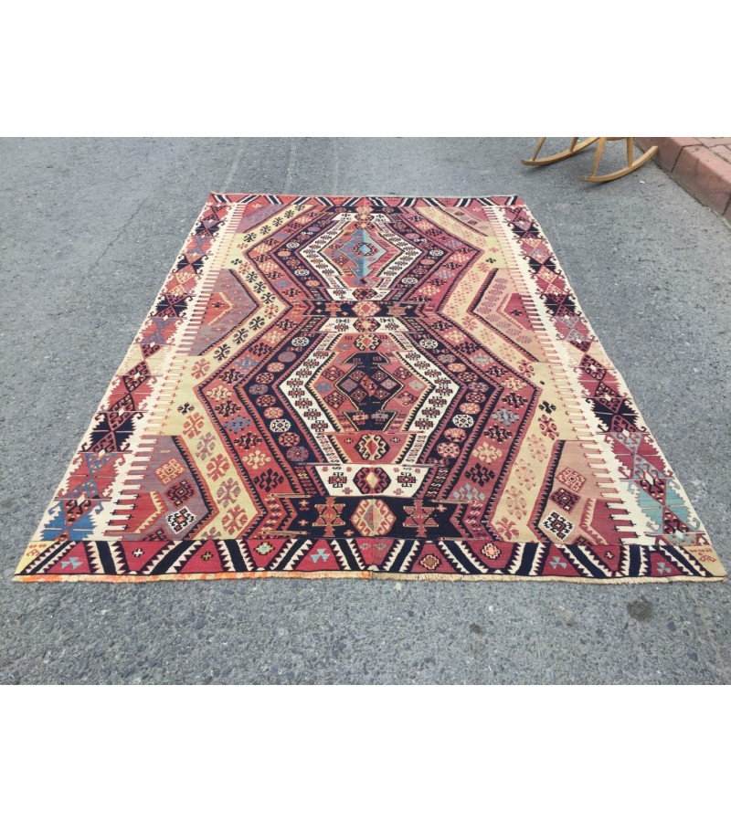 6x8 unique geometric kilim, living room rug,70's kilim, Turkish kilim, handmade rug ,5'6 X 8'1 woven rug