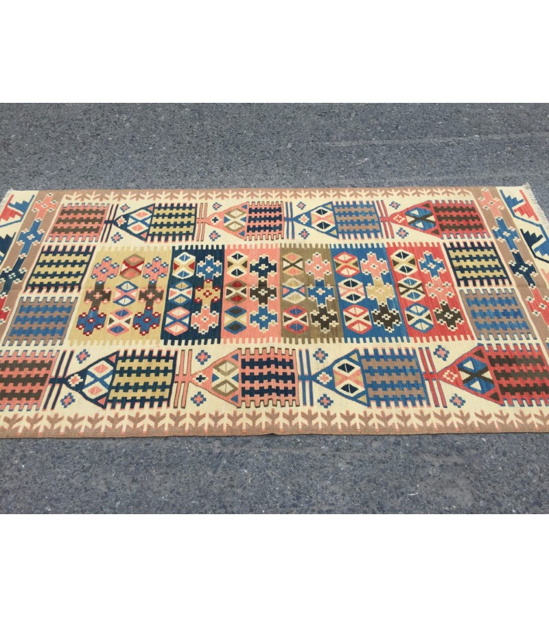 3x7 rainbow geometric kilim rug, Turkish kilim, flat woven rug, 3'3 X 6'6 area rug