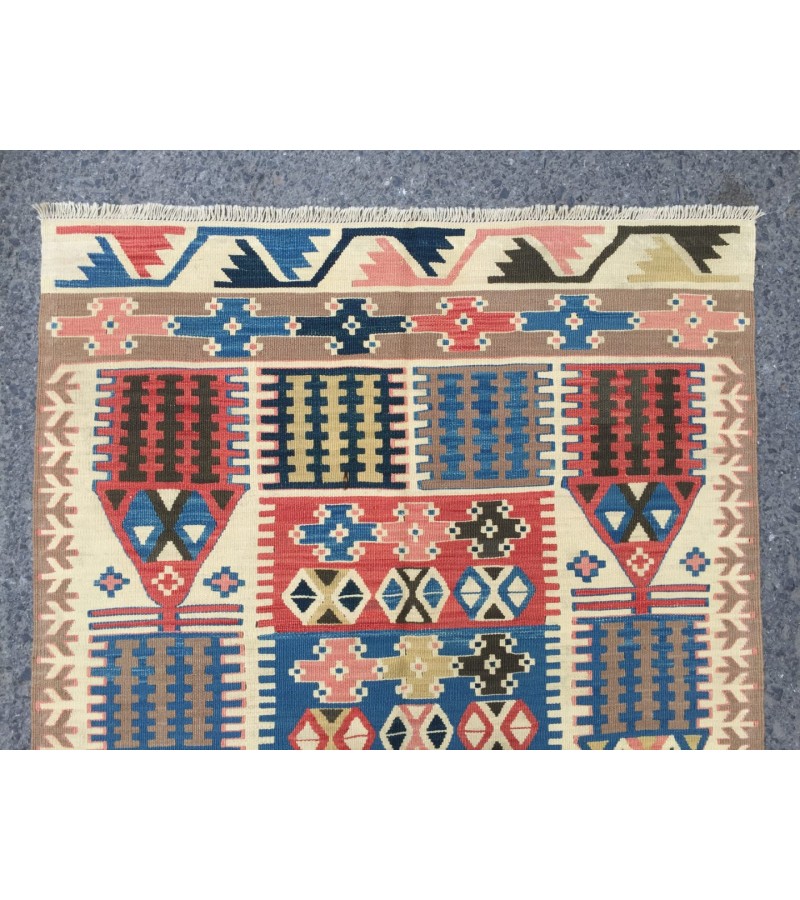 3x7 rainbow geometric kilim rug, Turkish kilim, flat woven rug, 3'3 X 6'6 area rug