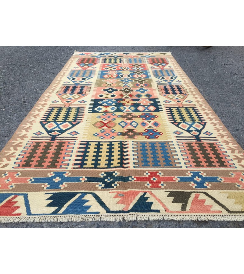 3x7 rainbow geometric kilim rug, Turkish kilim, flat woven rug, 3'3 X 6'6 area rug