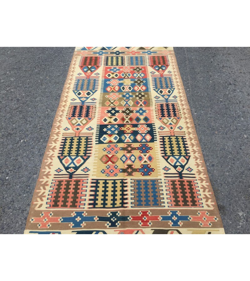 3x7 rainbow geometric kilim rug, Turkish kilim, flat woven rug, 3'3 X 6'6 area rug