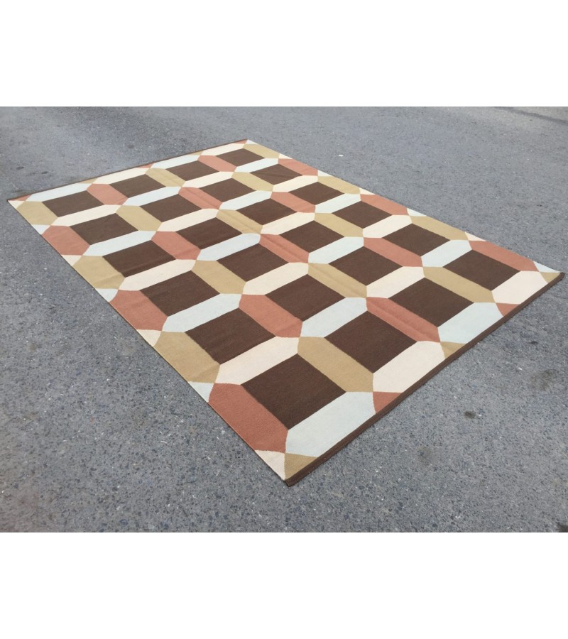 7x10 minimal geometric rug, dining room rug, area rug, 6'10 X 9'8 beige brownTurkish kilim