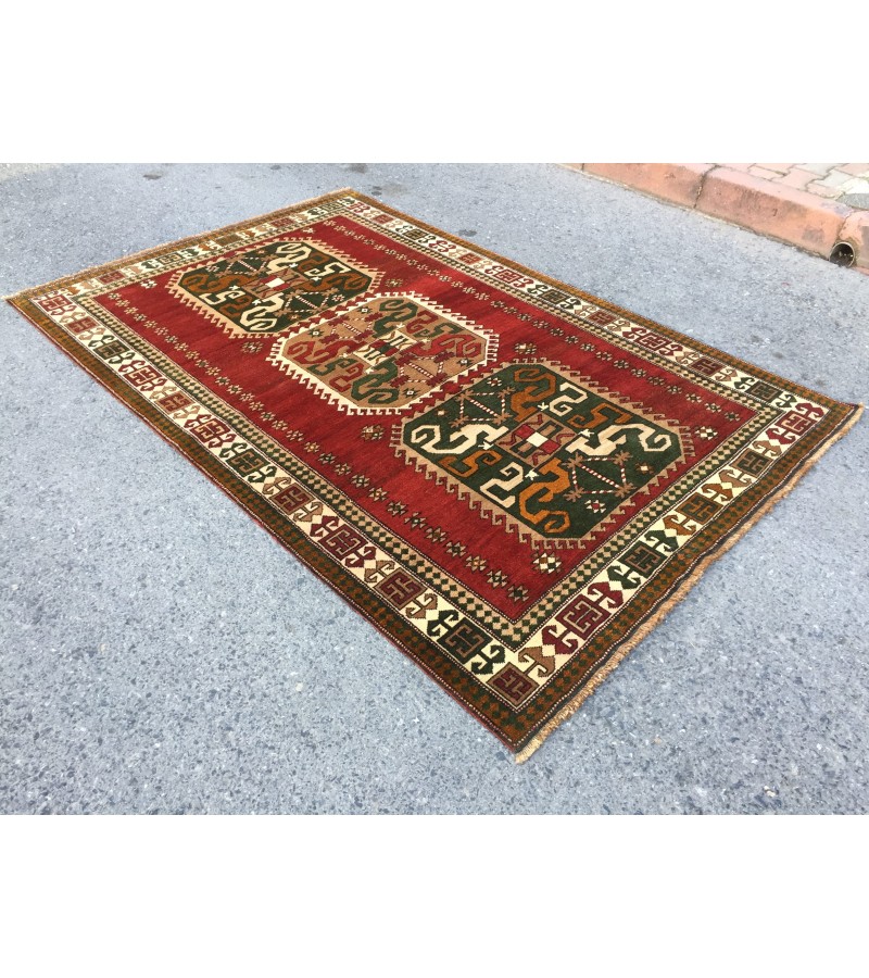 6x8 geometric rug, red green rug, Turkish rug, Oriental rug,5'6 X 8'2 Handmade rug