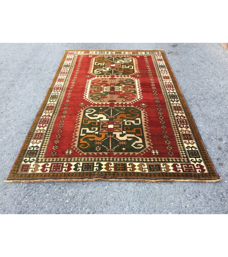 6x8 geometric rug, red green rug, Turkish rug, Oriental rug,5'6 X 8'2 Handmade rug