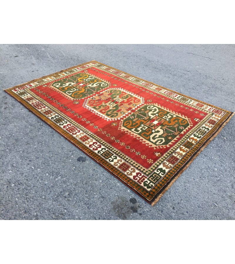 6x8 geometric rug, red green rug, Turkish rug, Oriental rug,5'6 X 8'2 Handmade rug